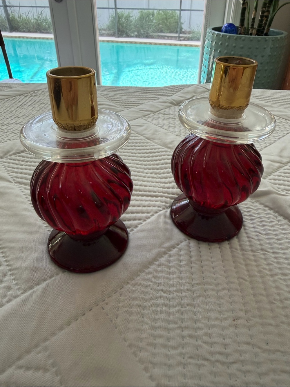 Avon Vintage Red Glass Swirl Candle Holders 4 oz Still Filled w/Charisma Perfume